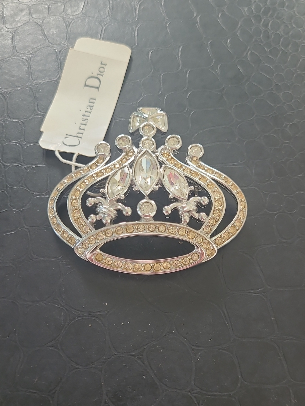 Dior Silver-Tone Crystal Crown Brooch/Pendant with Clear Stones